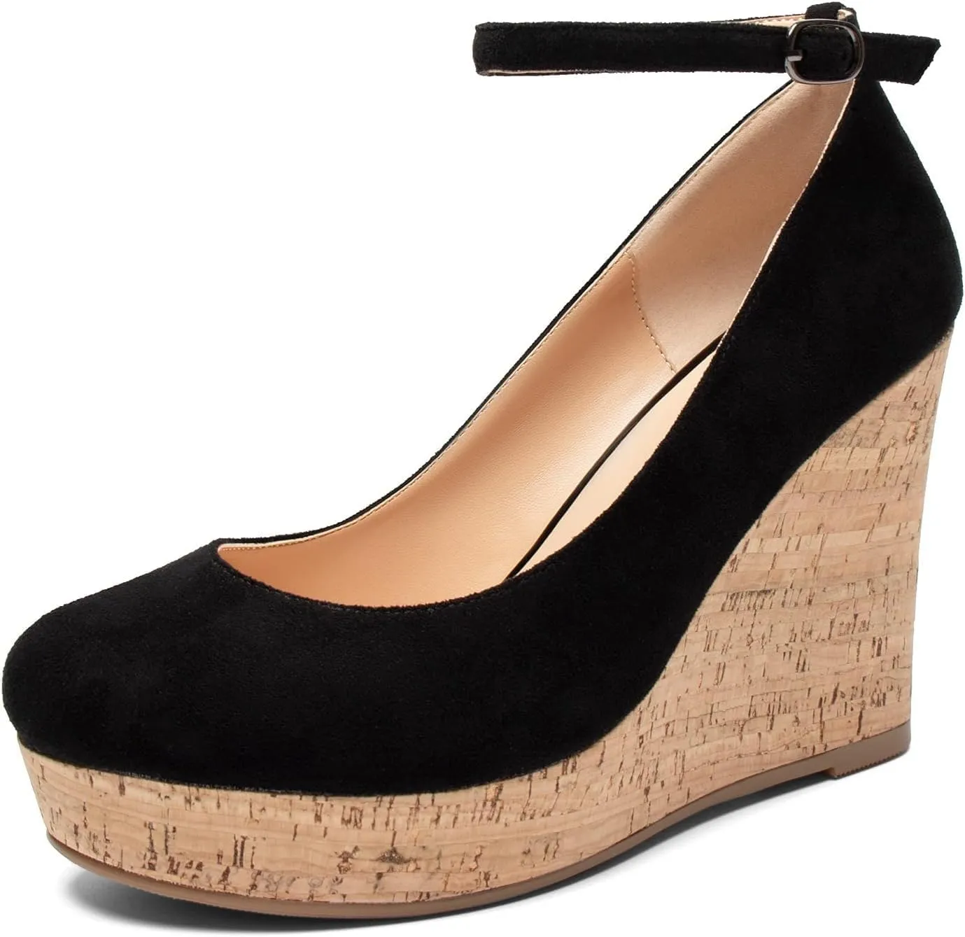 Mettesally Women's Platform Cork Wedge Heel Pumps Round Closed Toe Ankle Strap Classic Office Dress Shoes