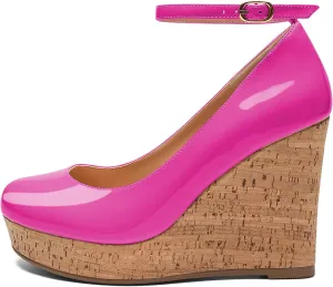 Mettesally Women's Platform Cork Wedge Heel Pumps Round Closed Toe Ankle Strap Classic Office Dress Shoes