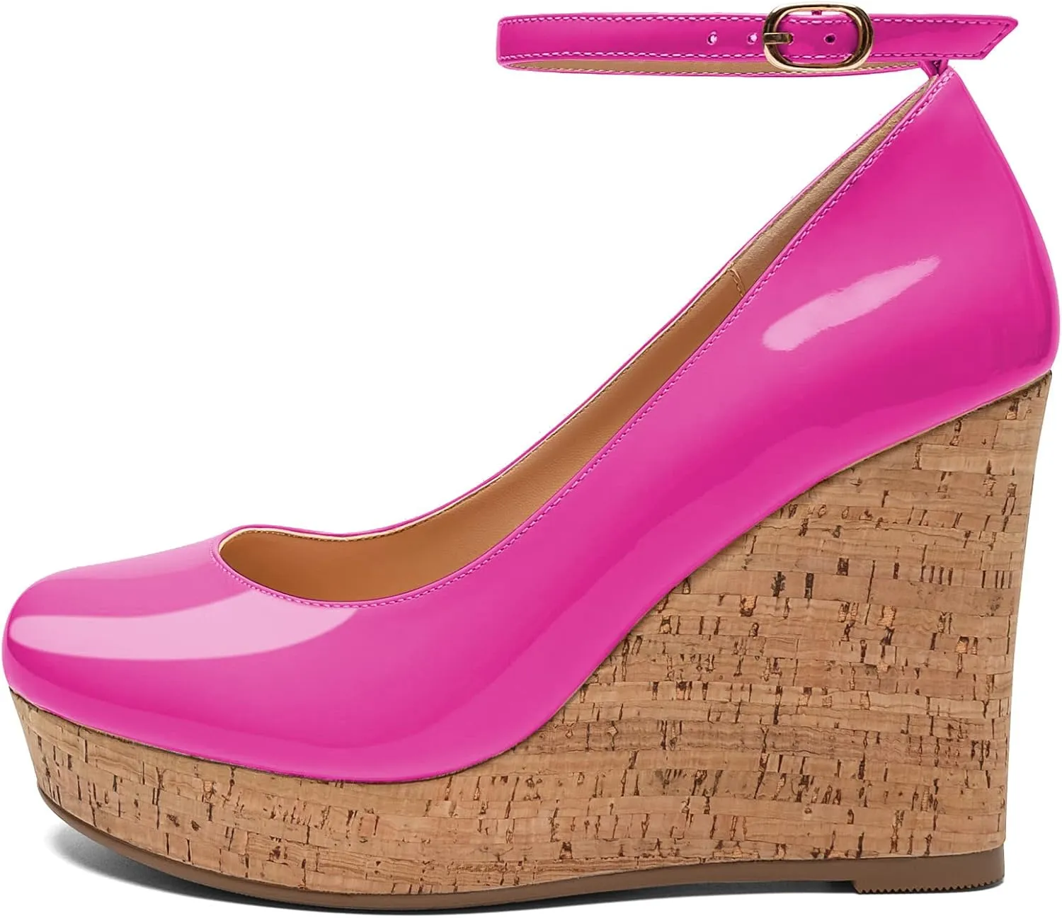 Mettesally Women's Platform Cork Wedge Heel Pumps Round Closed Toe Ankle Strap Classic Office Dress Shoes