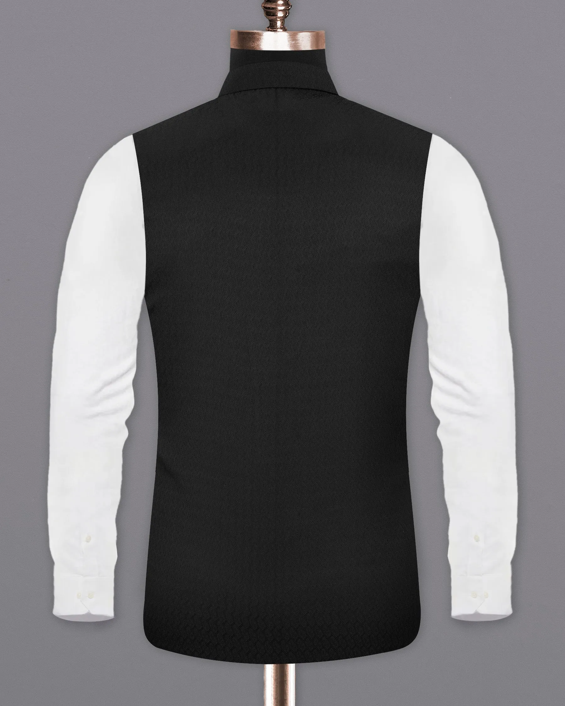 Midnight Moss Black Jacquard Leaves Patterned Textured Nehru Jacket