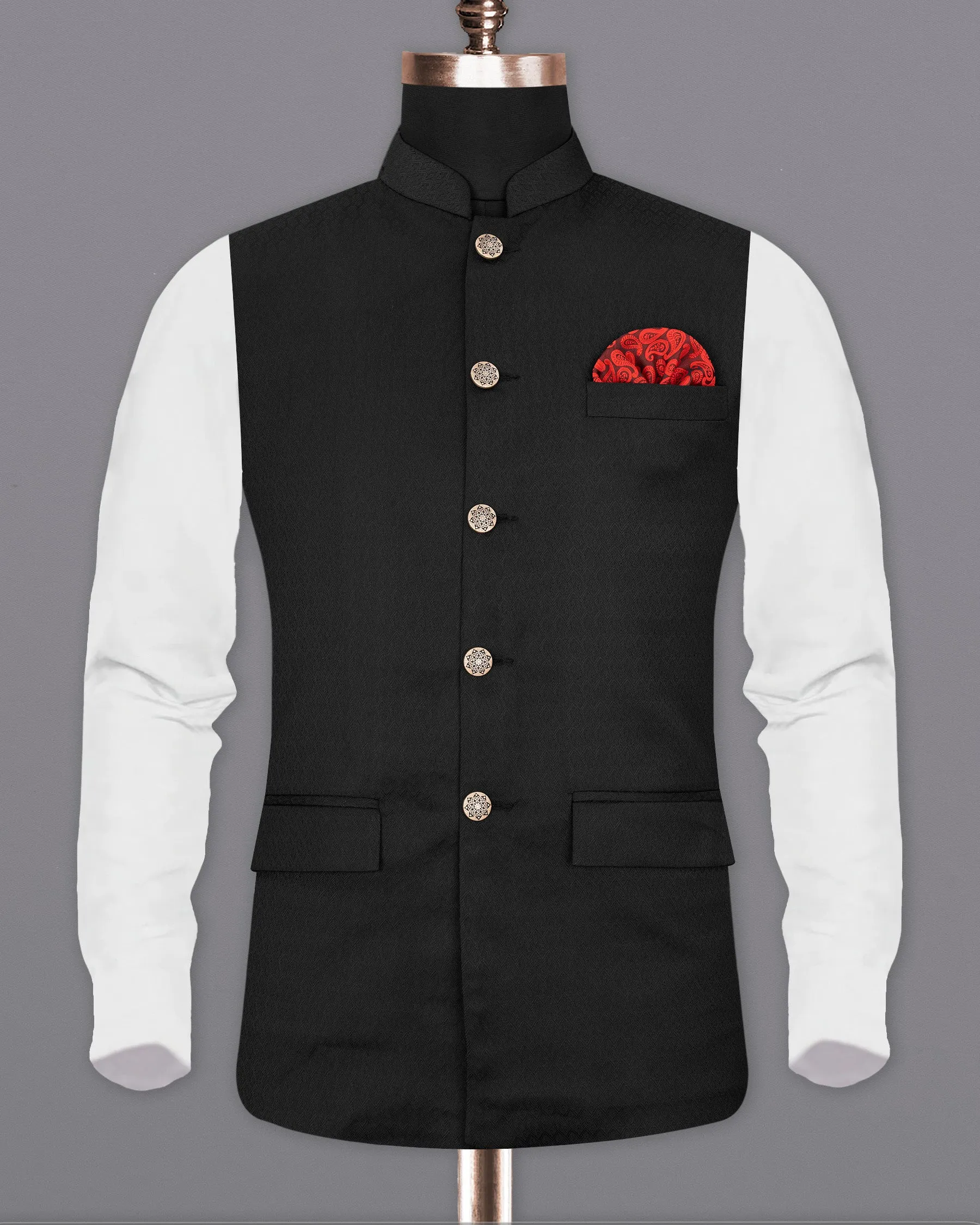 Midnight Moss Black Jacquard Leaves Patterned Textured Nehru Jacket