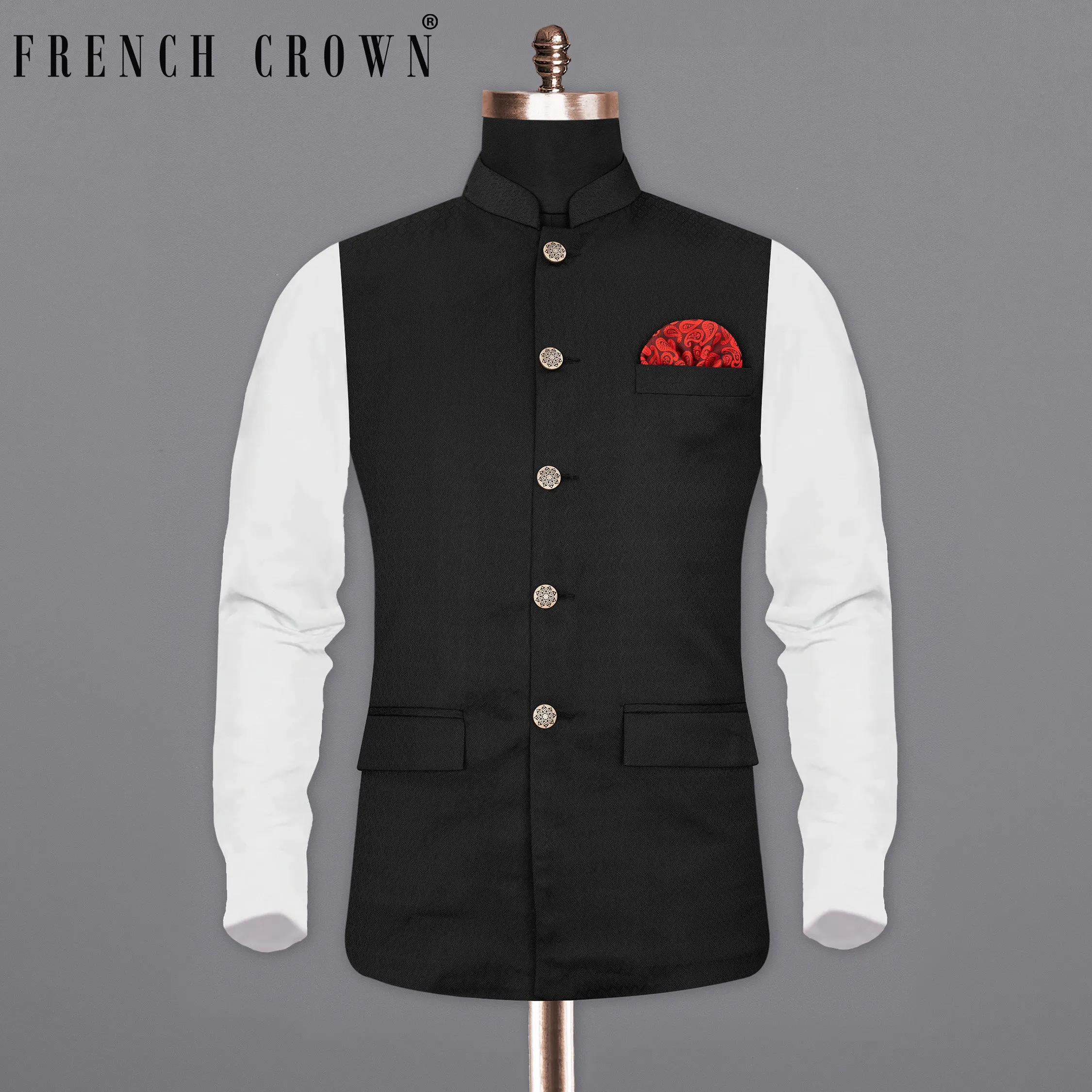 Midnight Moss Black Jacquard Leaves Patterned Textured Nehru Jacket