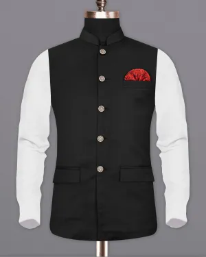 Midnight Moss Black Jacquard Leaves Patterned Textured Nehru Jacket
