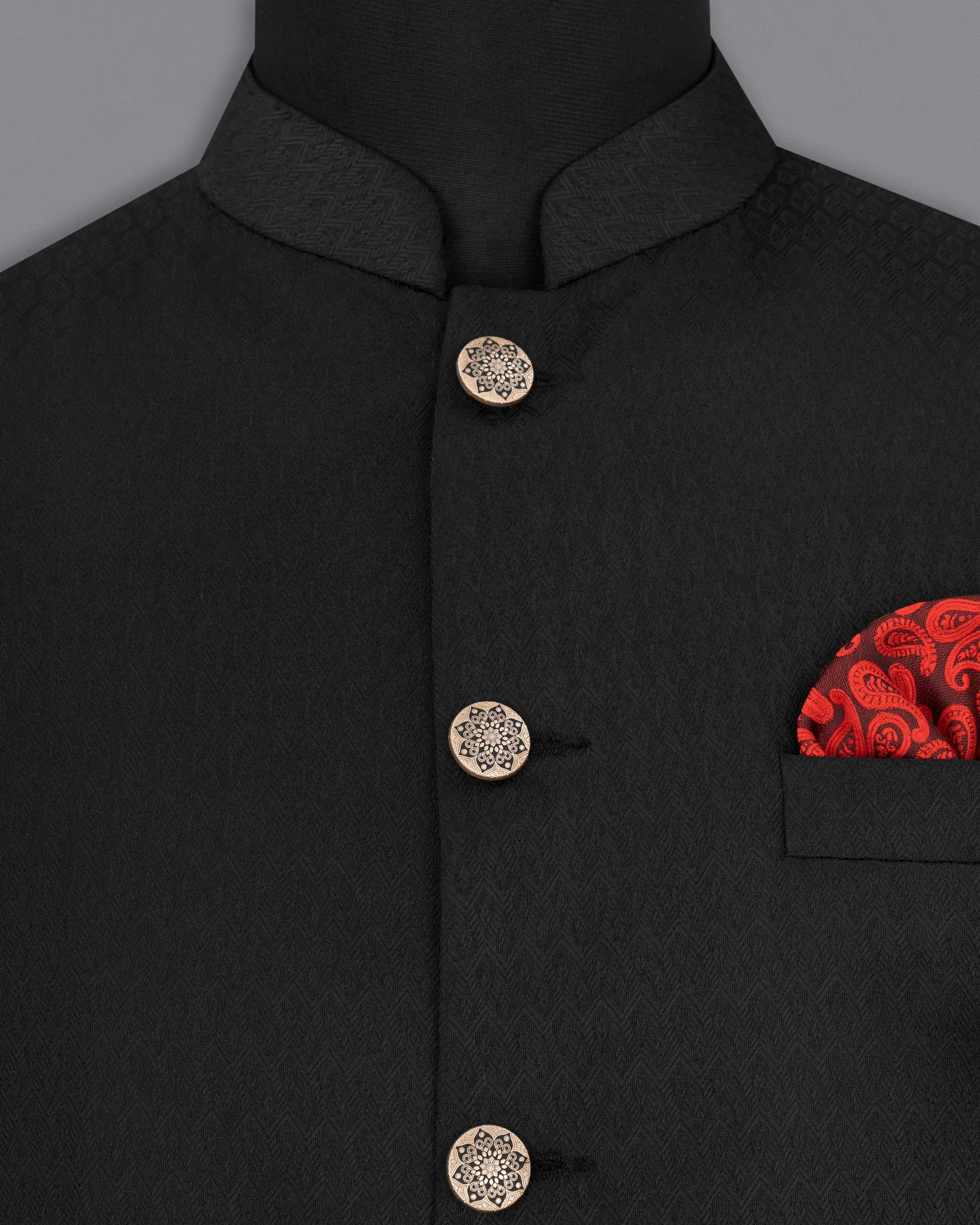Midnight Moss Black Jacquard Leaves Patterned Textured Nehru Jacket