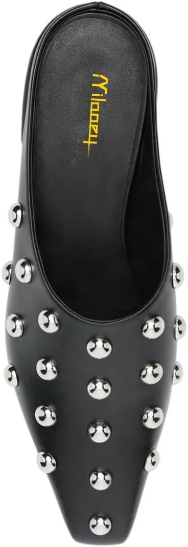 Milooey shoes Women's Rivet Studded Mules Closed Square Toe Low Chunky Heels Slip On Fashion Party Outfit Slide Shoes Size 4-16 US