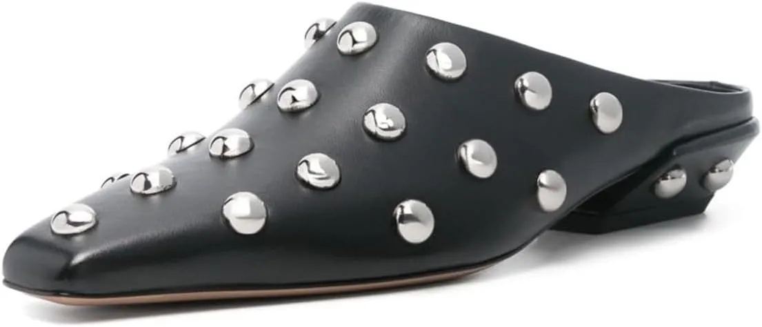 Milooey shoes Women's Rivet Studded Mules Closed Square Toe Low Chunky Heels Slip On Fashion Party Outfit Slide Shoes Size 4-16 US