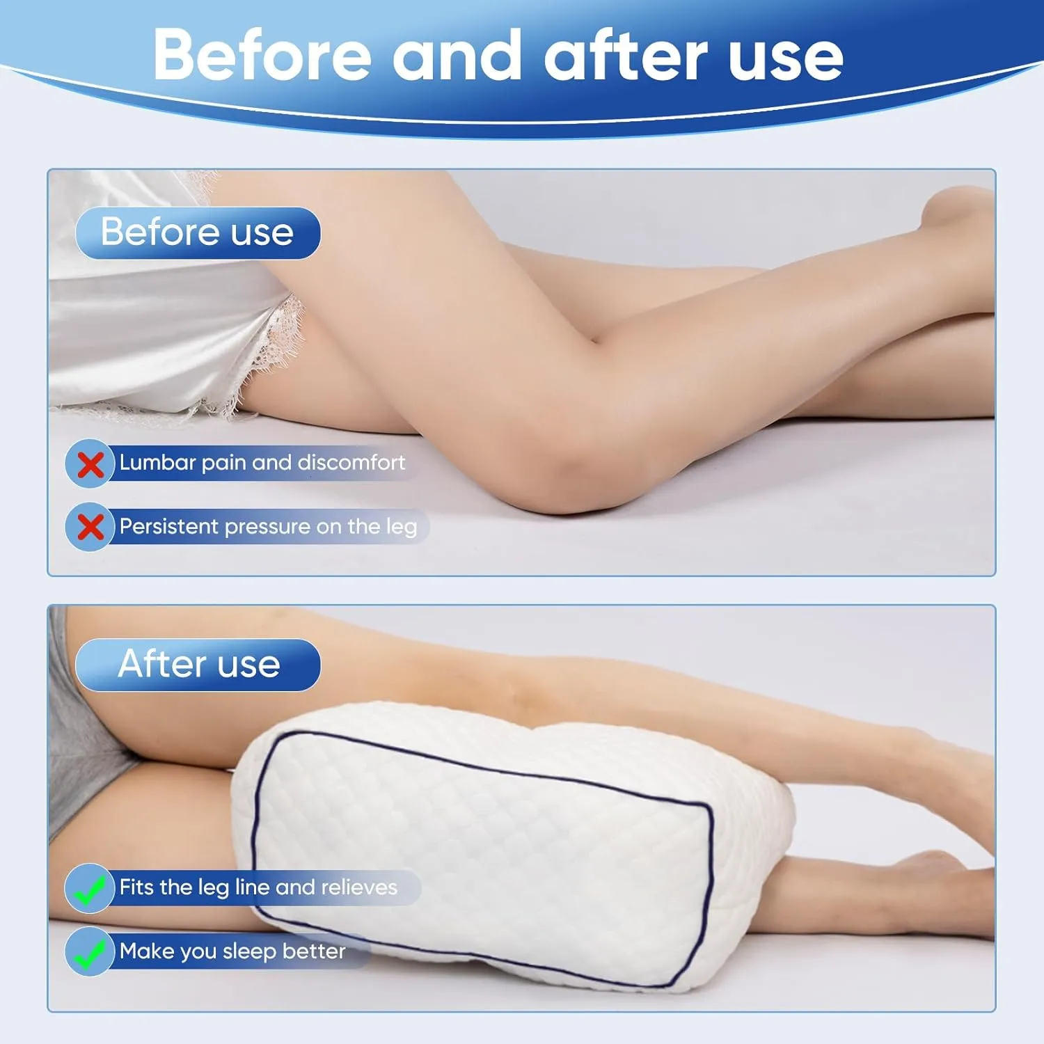 MINUPWELL 6.5" Knee Pillow for Side Sleepers - 100% Shredded Memory Foam Leg Pillow for Side Sleeping - Between Leg & Under Hip Pillow - Relieving Leg, Back, and Knee Pain - High Supportive