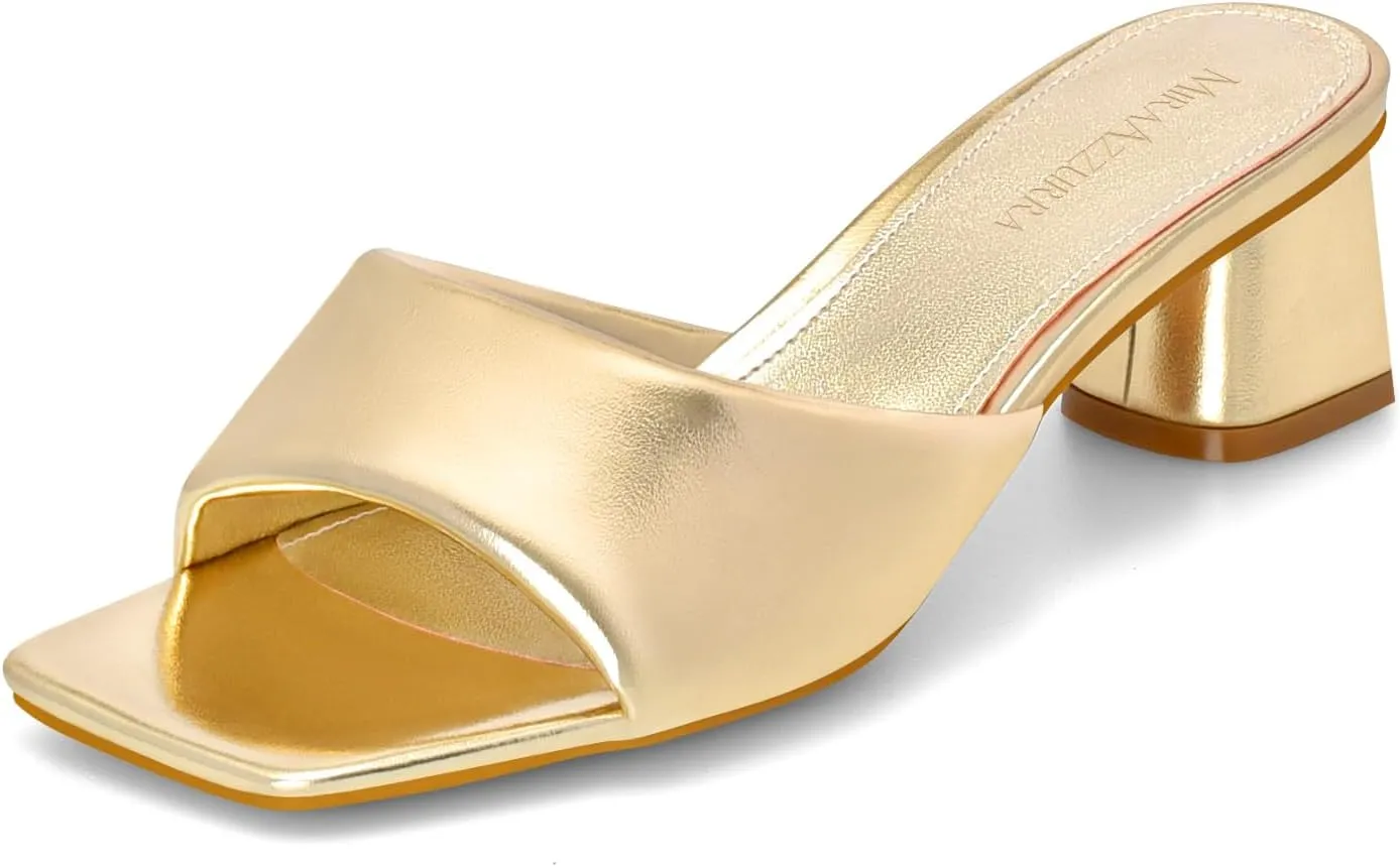 MIRAAZZURRA Heel Mules for Woman Square Open Toe Chunky Block Heel Slip on Heeled Sandals Casual Comfort Party Shoes