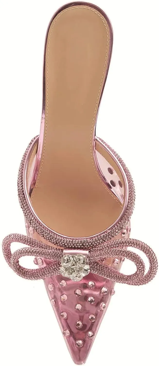MIRAAZZURRA Women High Heeled Mules Clear PVC Pointed Toe Double Bow Rhinestones Embellished Wedding Sandals Stiletto Backless Slip On Summer Bridal Shoes