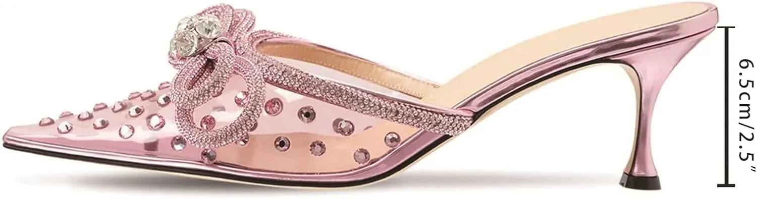 MIRAAZZURRA Women High Heeled Mules Clear PVC Pointed Toe Double Bow Rhinestones Embellished Wedding Sandals Stiletto Backless Slip On Summer Bridal Shoes