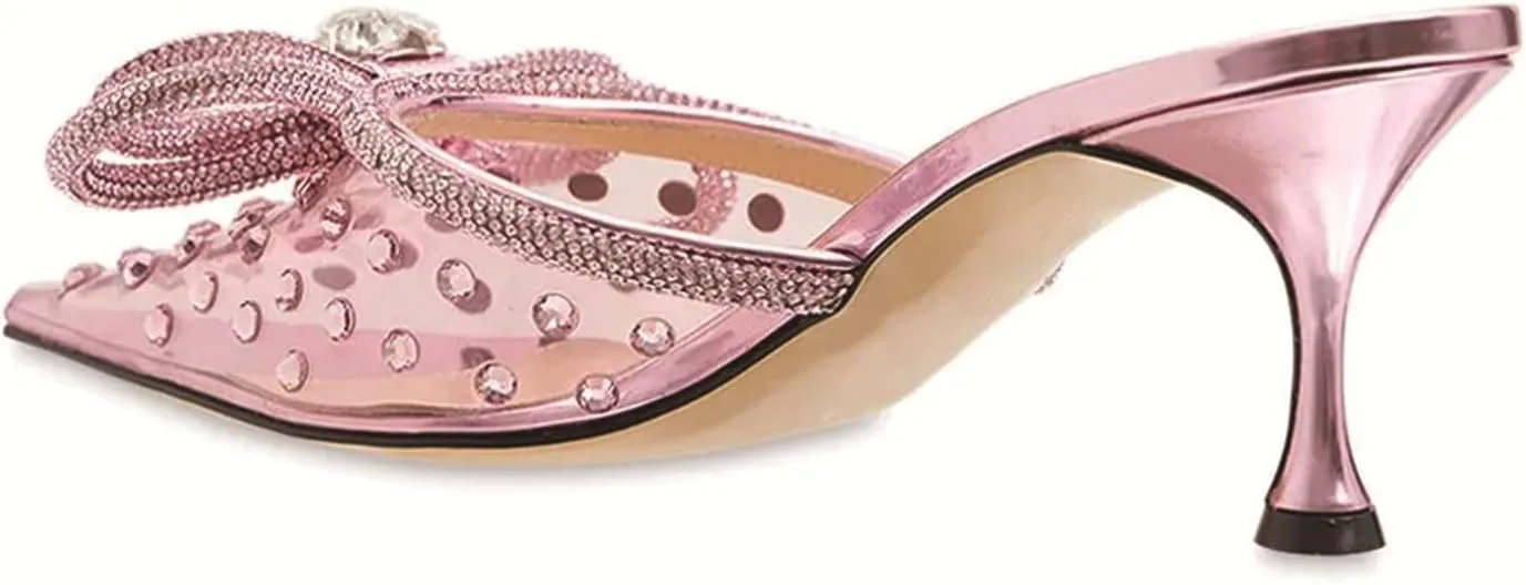 MIRAAZZURRA Women High Heeled Mules Clear PVC Pointed Toe Double Bow Rhinestones Embellished Wedding Sandals Stiletto Backless Slip On Summer Bridal Shoes