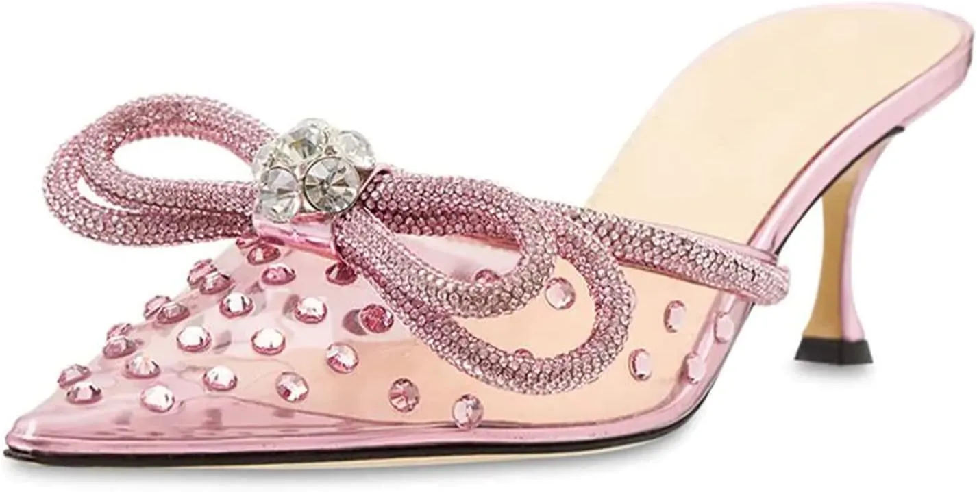 MIRAAZZURRA Women High Heeled Mules Clear PVC Pointed Toe Double Bow Rhinestones Embellished Wedding Sandals Stiletto Backless Slip On Summer Bridal Shoes