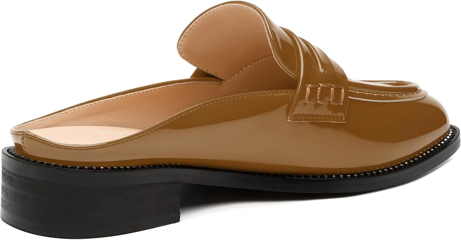 MODENCOCO Mules for Women Low Chunky Heel Slide Mules Closed Round Toe Flats Slip-on Comfort Backless Loafers Mules Patent Fashion Dress Shoes