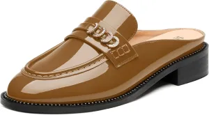 MODENCOCO Mules for Women Low Chunky Heel Slide Mules Closed Round Toe Flats Slip-on Comfort Backless Loafers Mules Patent Fashion Dress Shoes