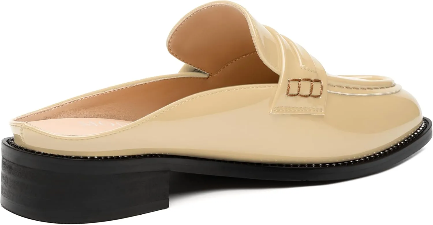 MODENCOCO Mules for Women Low Chunky Heel Slide Mules Closed Round Toe Flats Slip-on Comfort Backless Loafers Mules Patent Fashion Dress Shoes