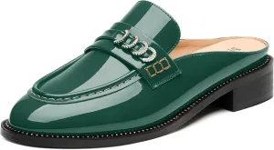 MODENCOCO Mules for Women Low Chunky Heel Slide Mules Closed Round Toe Flats Slip-on Comfort Backless Loafers Mules Patent Fashion Dress Shoes