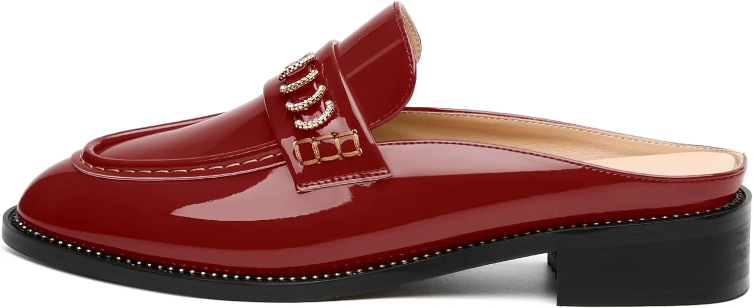 MODENCOCO Mules for Women Low Chunky Heel Slide Mules Closed Round Toe Flats Slip-on Comfort Backless Loafers Mules Patent Fashion Dress Shoes