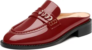 MODENCOCO Mules for Women Low Chunky Heel Slide Mules Closed Round Toe Flats Slip-on Comfort Backless Loafers Mules Patent Fashion Dress Shoes