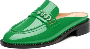 MODENCOCO Mules for Women Low Chunky Heel Slide Mules Closed Round Toe Flats Slip-on Comfort Backless Loafers Mules Patent Fashion Dress Shoes