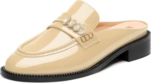 MODENCOCO Mules for Women Low Chunky Heel Slide Mules Closed Round Toe Flats Slip-on Comfort Backless Loafers Mules Patent Fashion Dress Shoes
