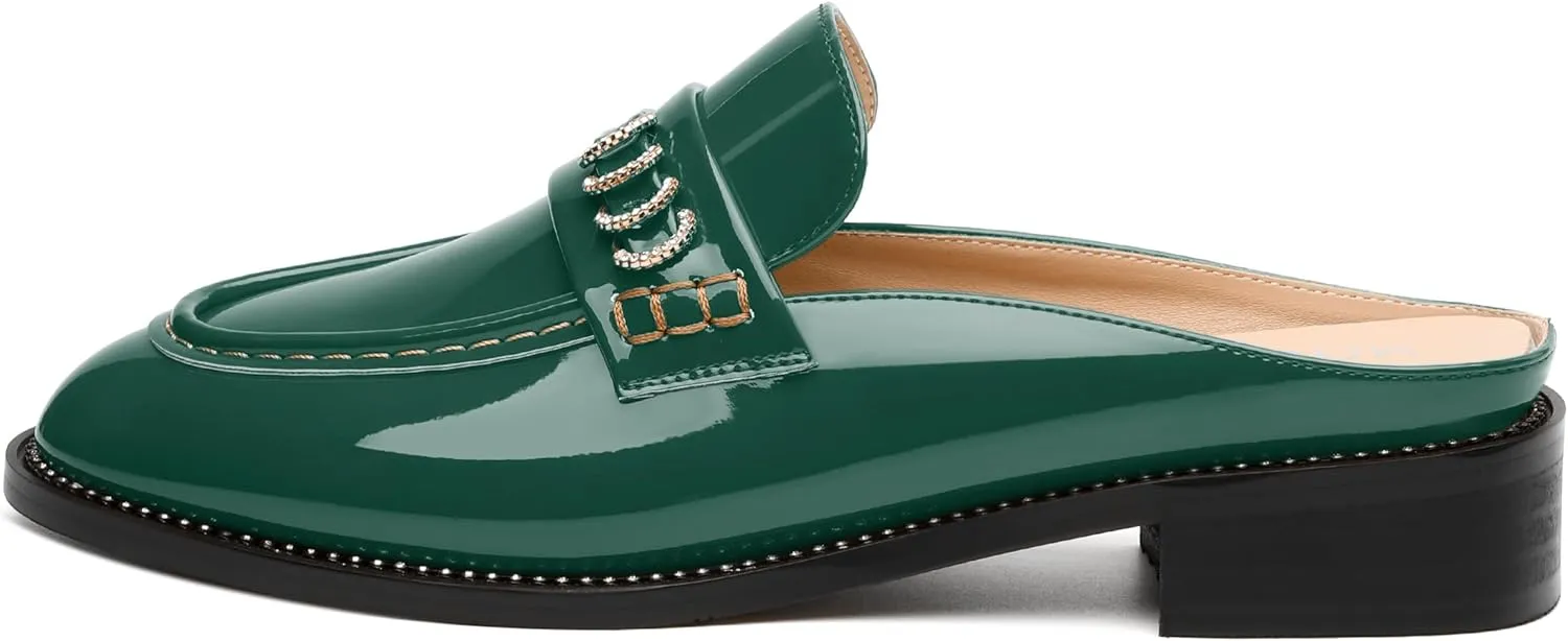 MODENCOCO Mules for Women Low Chunky Heel Slide Mules Closed Round Toe Flats Slip-on Comfort Backless Loafers Mules Patent Fashion Dress Shoes