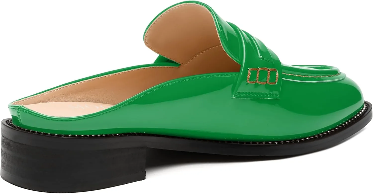 MODENCOCO Mules for Women Low Chunky Heel Slide Mules Closed Round Toe Flats Slip-on Comfort Backless Loafers Mules Patent Fashion Dress Shoes