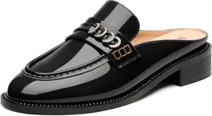 MODENCOCO Mules for Women Low Chunky Heel Slide Mules Closed Round Toe Flats Slip-on Comfort Backless Loafers Mules Patent Fashion Dress Shoes
