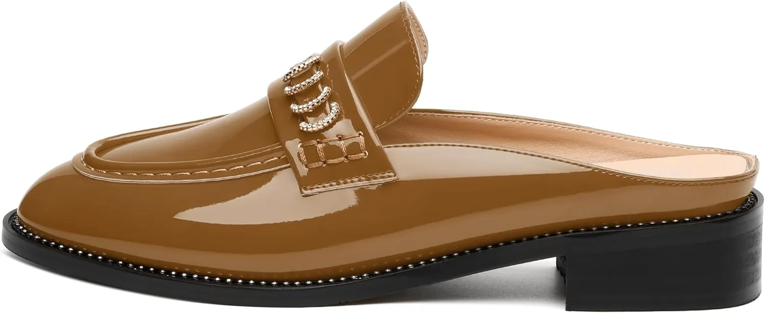 MODENCOCO Mules for Women Low Chunky Heel Slide Mules Closed Round Toe Flats Slip-on Comfort Backless Loafers Mules Patent Fashion Dress Shoes