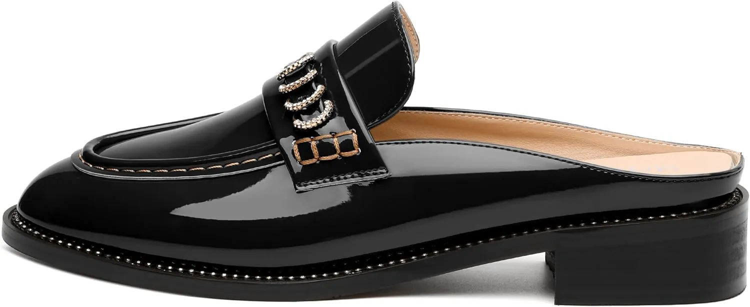 MODENCOCO Mules for Women Low Chunky Heel Slide Mules Closed Round Toe Flats Slip-on Comfort Backless Loafers Mules Patent Fashion Dress Shoes