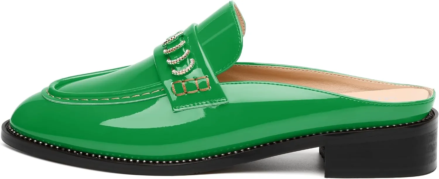 MODENCOCO Mules for Women Low Chunky Heel Slide Mules Closed Round Toe Flats Slip-on Comfort Backless Loafers Mules Patent Fashion Dress Shoes