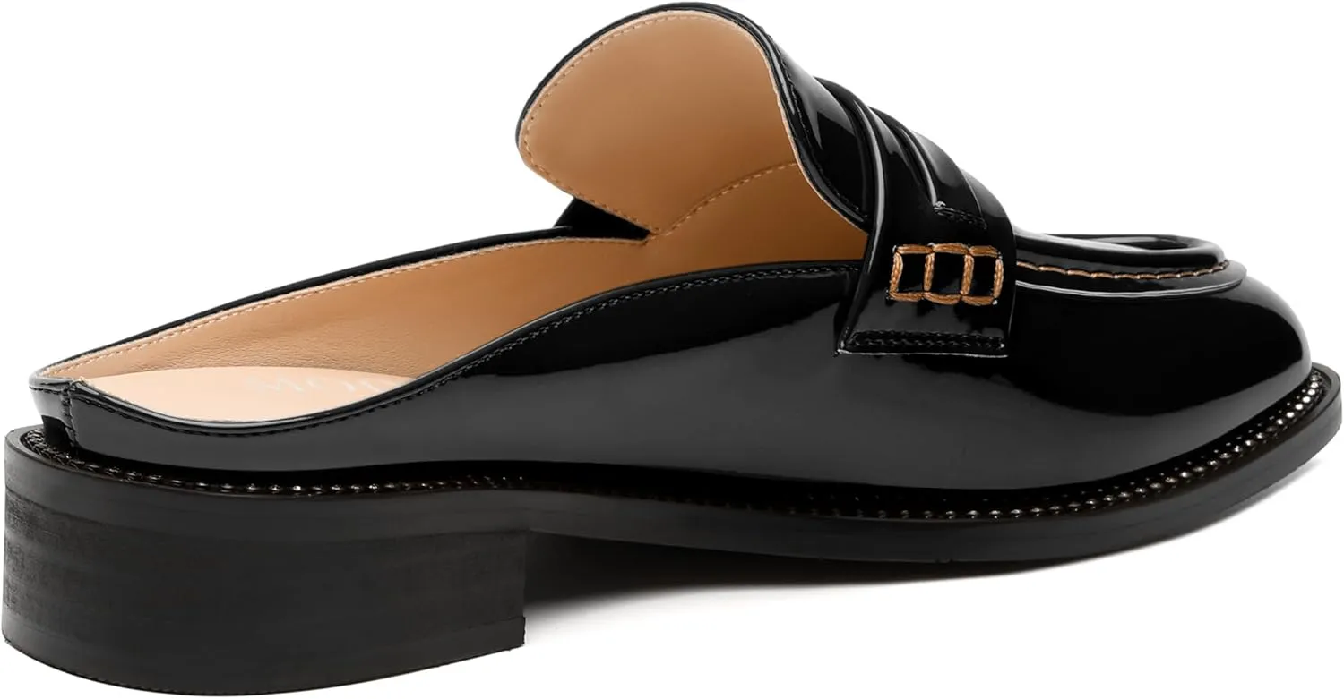 MODENCOCO Mules for Women Low Chunky Heel Slide Mules Closed Round Toe Flats Slip-on Comfort Backless Loafers Mules Patent Fashion Dress Shoes