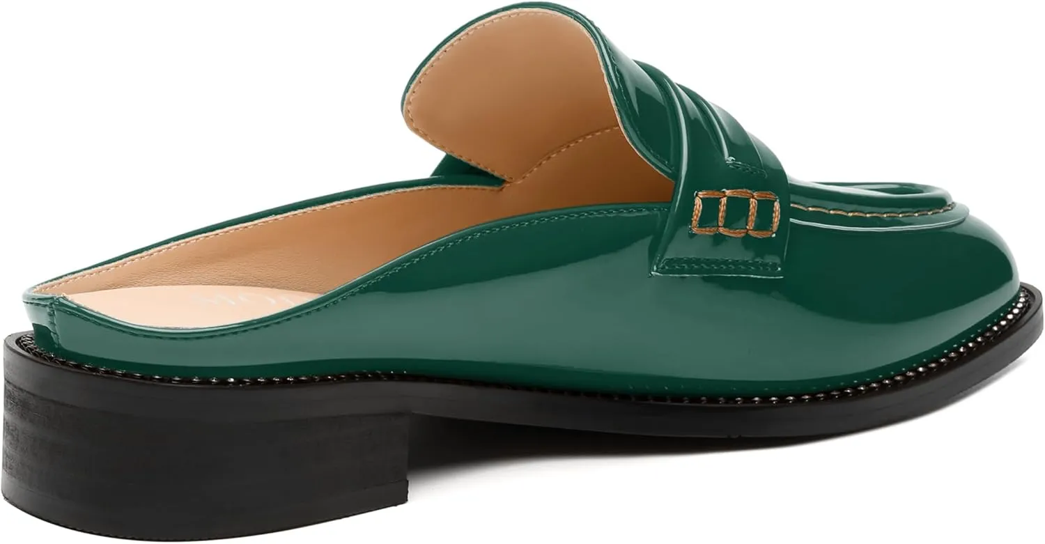 MODENCOCO Mules for Women Low Chunky Heel Slide Mules Closed Round Toe Flats Slip-on Comfort Backless Loafers Mules Patent Fashion Dress Shoes