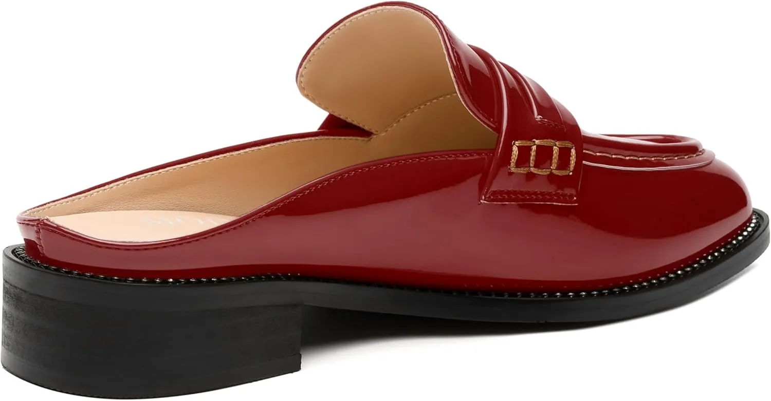 MODENCOCO Mules for Women Low Chunky Heel Slide Mules Closed Round Toe Flats Slip-on Comfort Backless Loafers Mules Patent Fashion Dress Shoes