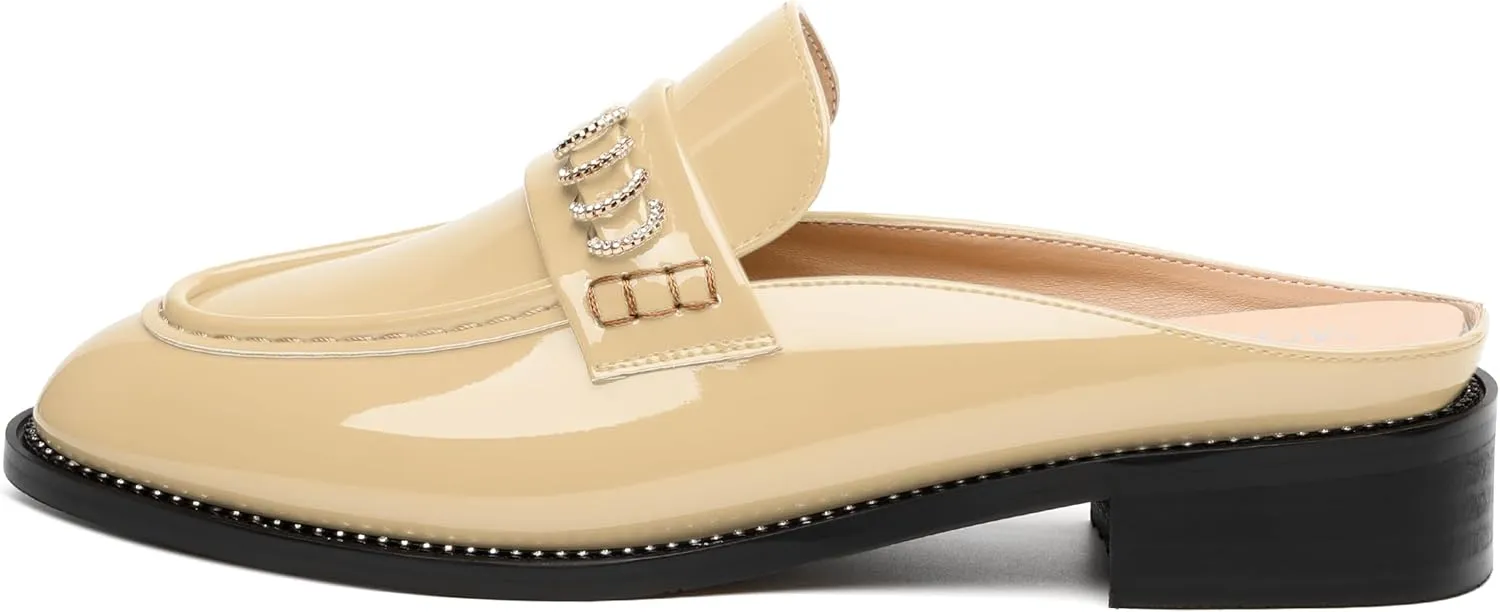 MODENCOCO Mules for Women Low Chunky Heel Slide Mules Closed Round Toe Flats Slip-on Comfort Backless Loafers Mules Patent Fashion Dress Shoes