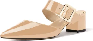 MODENCOCO Women's Adjustable Strap Buckle Patent Solid Pointed Toe Chunky Low Heel Mules Evening Dress Pumps Shoes 2 Inch