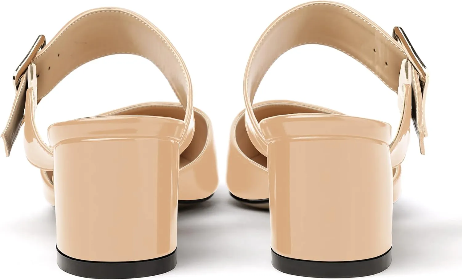 MODENCOCO Women's Adjustable Strap Buckle Patent Solid Pointed Toe Chunky Low Heel Mules Evening Dress Pumps Shoes 2 Inch