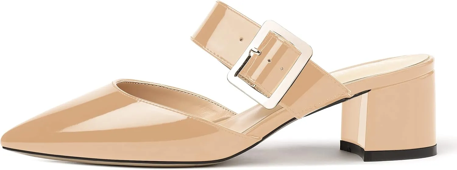 MODENCOCO Women's Adjustable Strap Buckle Patent Solid Pointed Toe Chunky Low Heel Mules Evening Dress Pumps Shoes 2 Inch