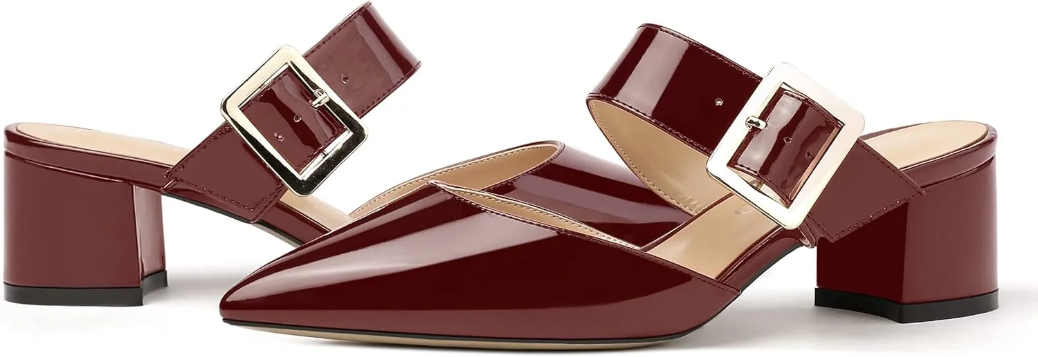 MODENCOCO Women's Adjustable Strap Buckle Patent Solid Pointed Toe Chunky Low Heel Mules Evening Dress Pumps Shoes 2 Inch
