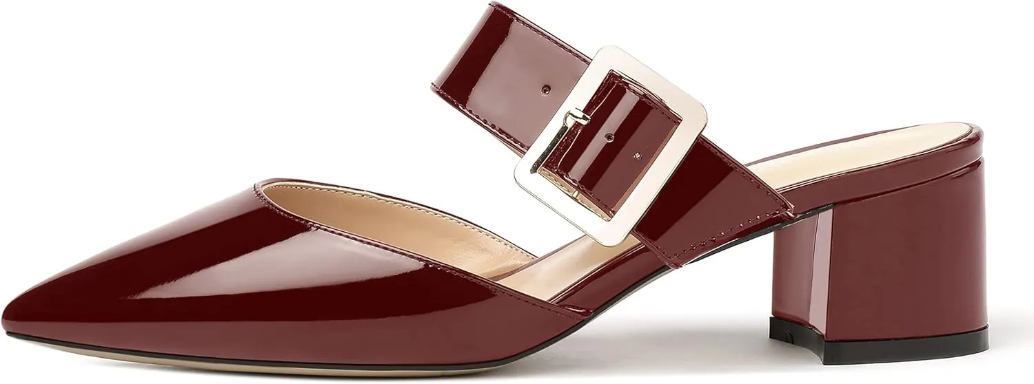 MODENCOCO Women's Adjustable Strap Buckle Patent Solid Pointed Toe Chunky Low Heel Mules Evening Dress Pumps Shoes 2 Inch