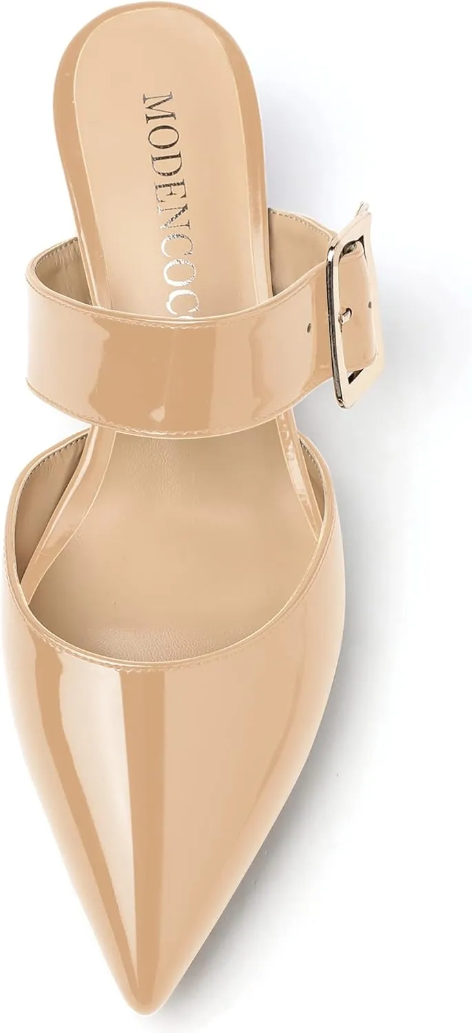 MODENCOCO Women's Adjustable Strap Buckle Patent Solid Pointed Toe Chunky Low Heel Mules Evening Dress Pumps Shoes 2 Inch