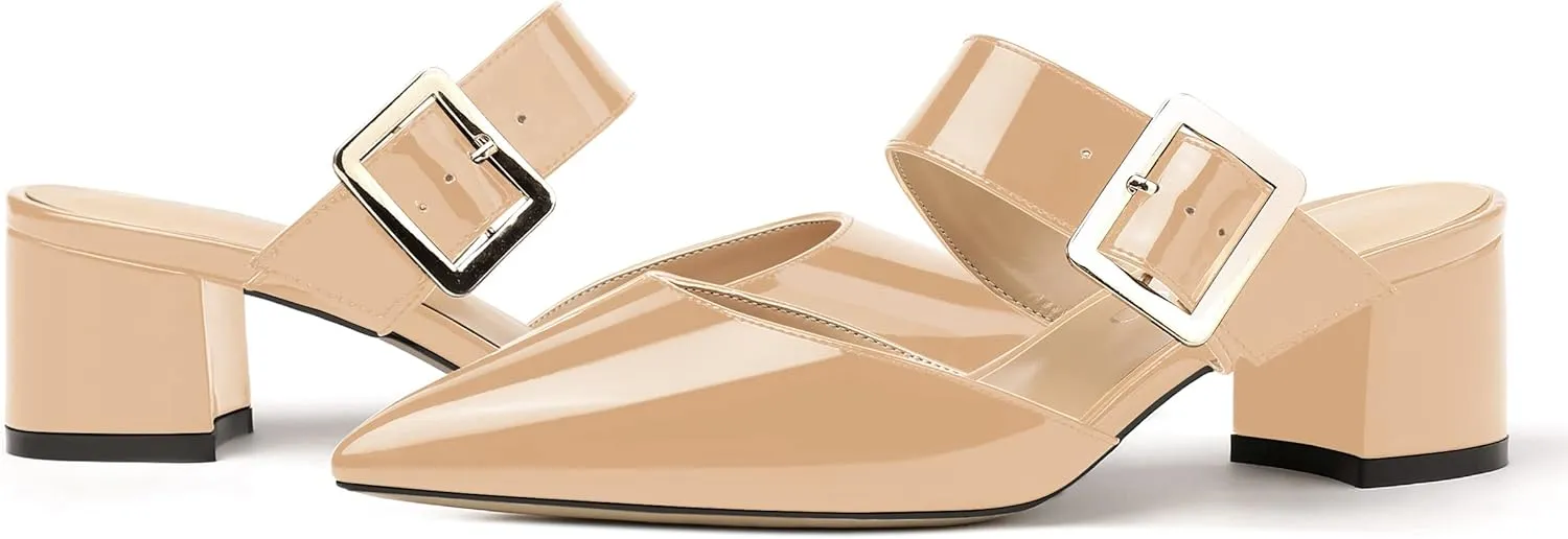 MODENCOCO Women's Adjustable Strap Buckle Patent Solid Pointed Toe Chunky Low Heel Mules Evening Dress Pumps Shoes 2 Inch