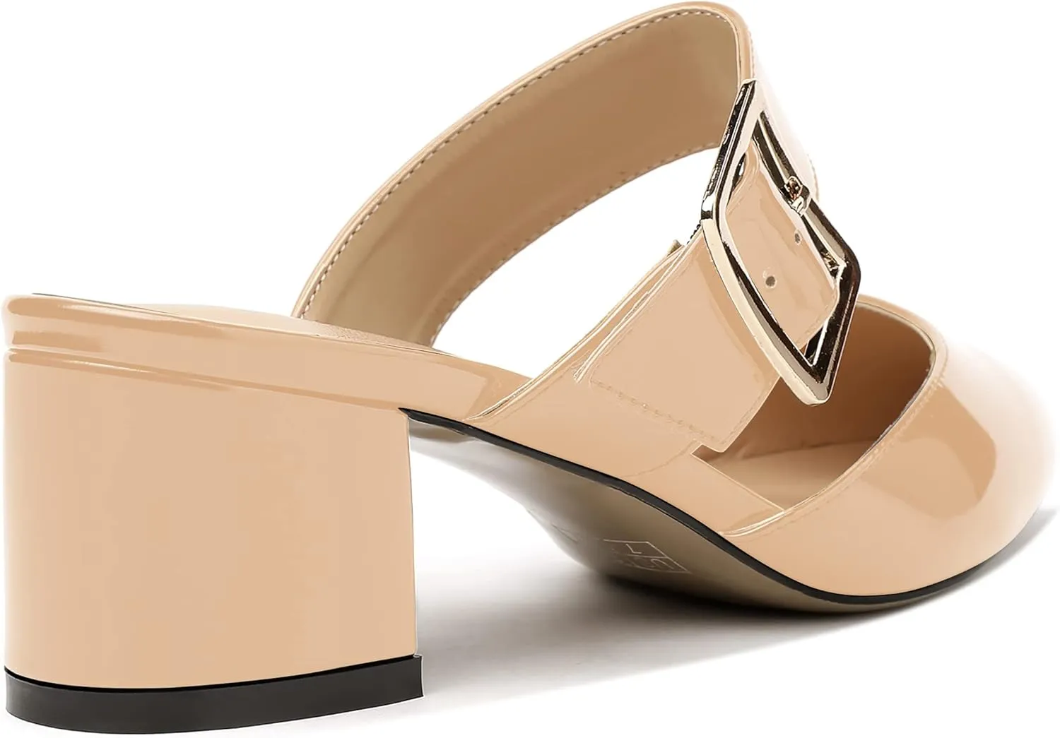 MODENCOCO Women's Adjustable Strap Buckle Patent Solid Pointed Toe Chunky Low Heel Mules Evening Dress Pumps Shoes 2 Inch