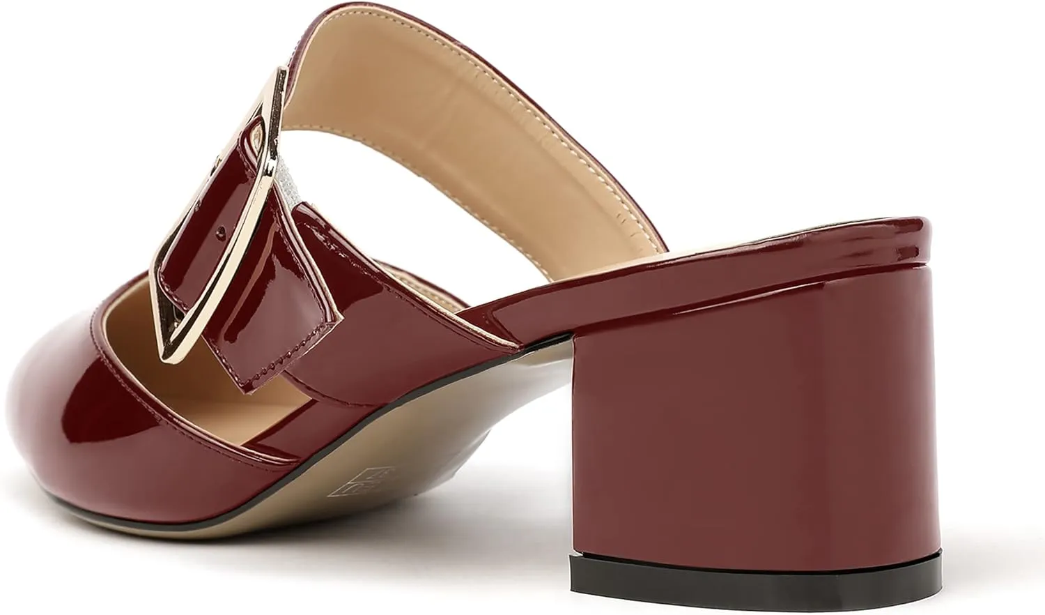 MODENCOCO Women's Adjustable Strap Buckle Patent Solid Pointed Toe Chunky Low Heel Mules Evening Dress Pumps Shoes 2 Inch