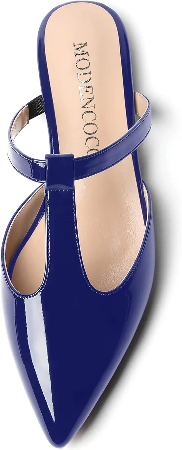 MODENCOCO Women's Casual Office T Strap Pointed Toe Slip On Patent Low Heel Backless Mules Shoes Flats