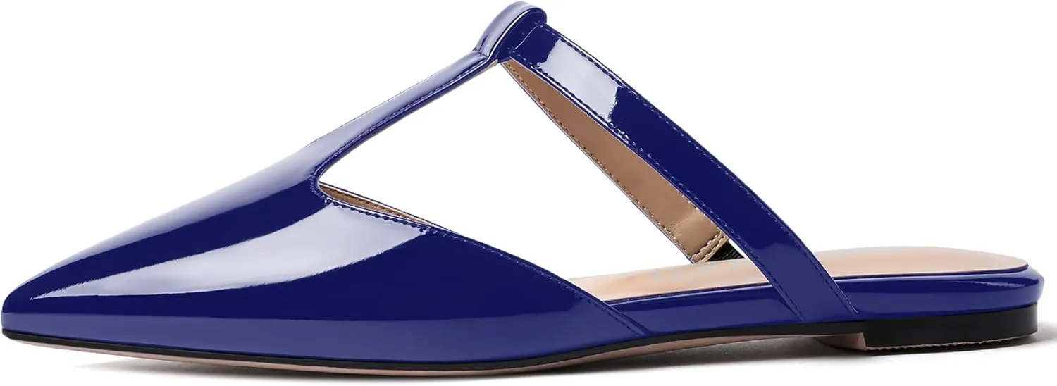MODENCOCO Women's Casual Office T Strap Pointed Toe Slip On Patent Low Heel Backless Mules Shoes Flats