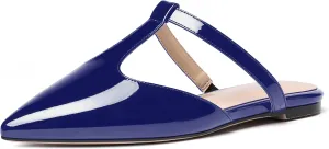 MODENCOCO Women's Casual Office T Strap Pointed Toe Slip On Patent Low Heel Backless Mules Shoes Flats