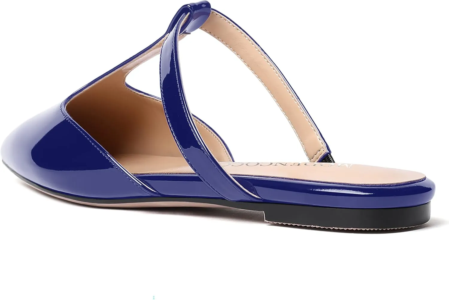 MODENCOCO Women's Casual Office T Strap Pointed Toe Slip On Patent Low Heel Backless Mules Shoes Flats