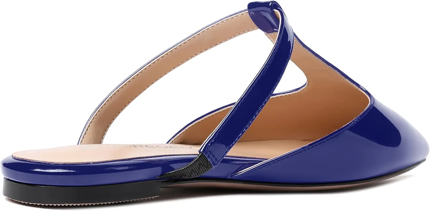 MODENCOCO Women's Casual Office T Strap Pointed Toe Slip On Patent Low Heel Backless Mules Shoes Flats