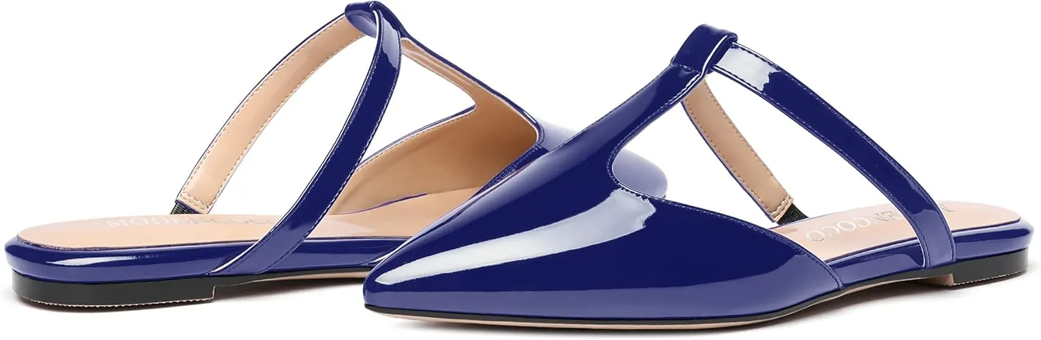 MODENCOCO Women's Casual Office T Strap Pointed Toe Slip On Patent Low Heel Backless Mules Shoes Flats