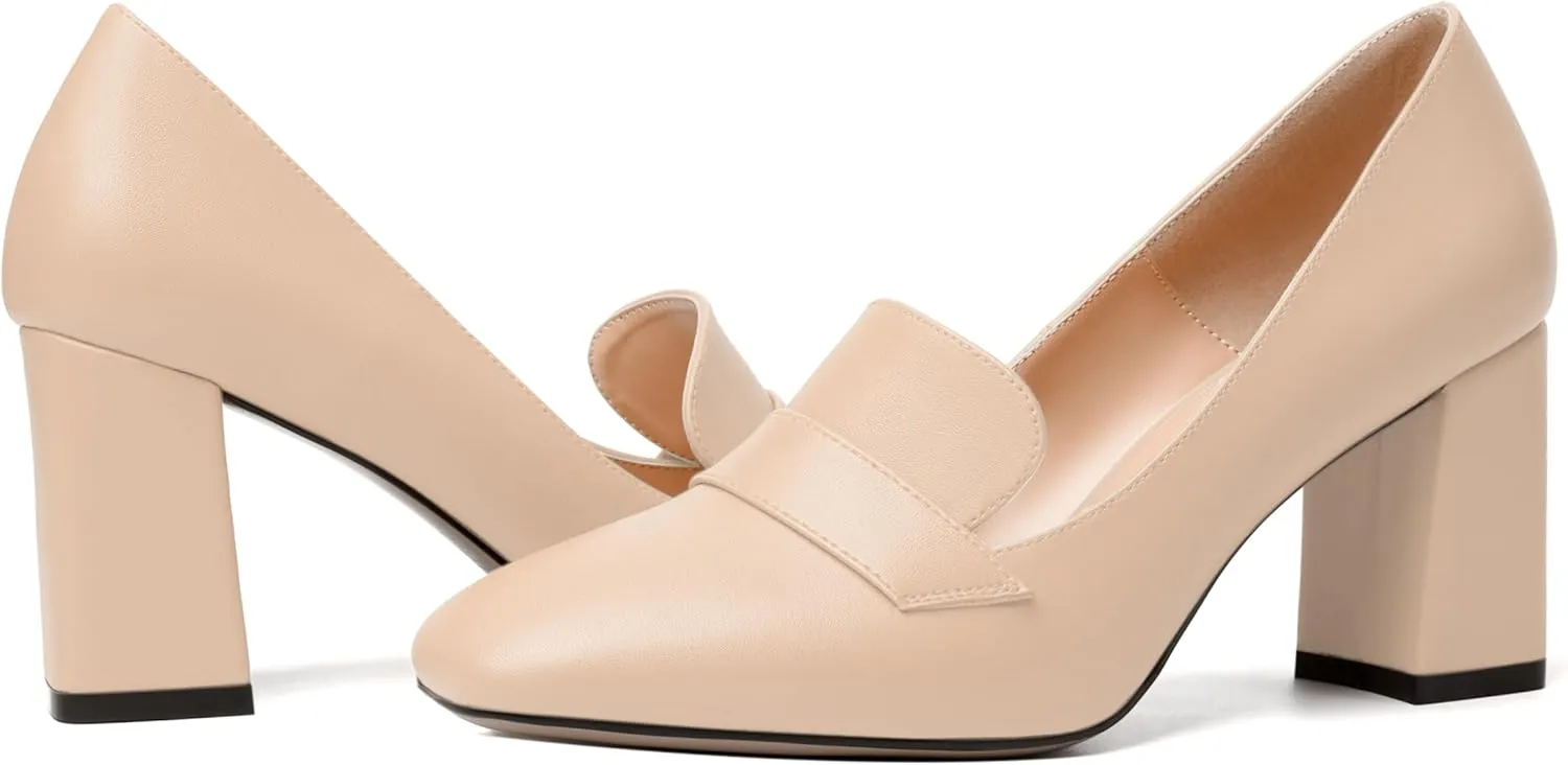 MODENCOCO Womens Sexy Formal Matte Slip On Square Toe Work Block High Heel Loafers Shoes 3.5 Inch